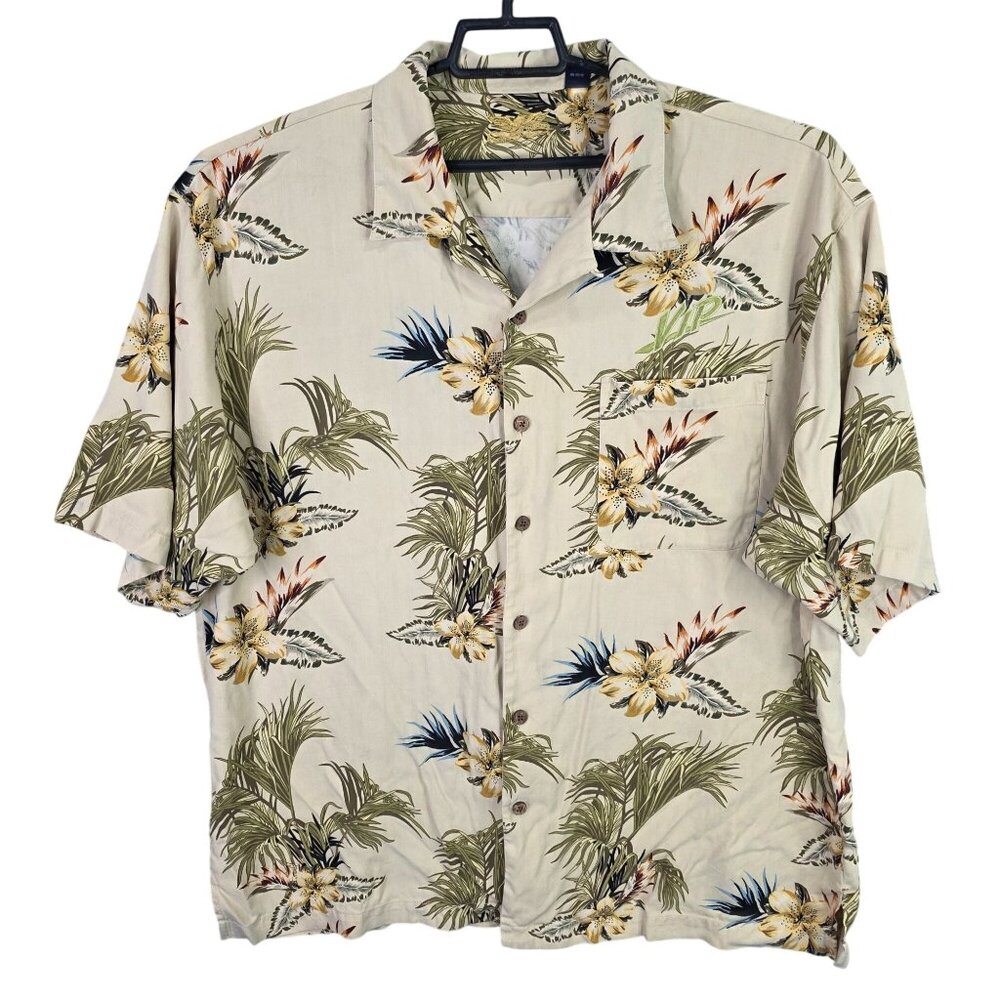 Mens Eagle Dry Goods Beige Hawaiian Shirt 100% Silk Short Sleeves Button Up 2XL